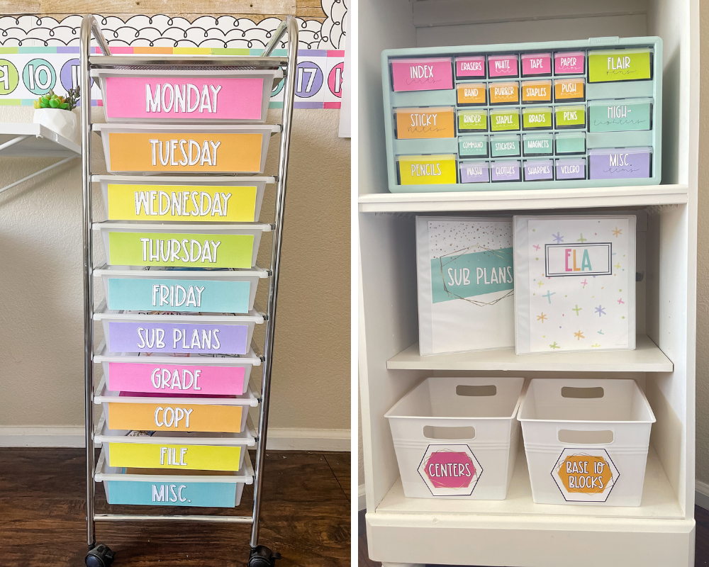 This is 2 images- the one on the left is a classroom 10 drawer cart with bright labels and the one on the right shows a teacher toolbox, binders, and 2 bins with labels on a white bookshelf.