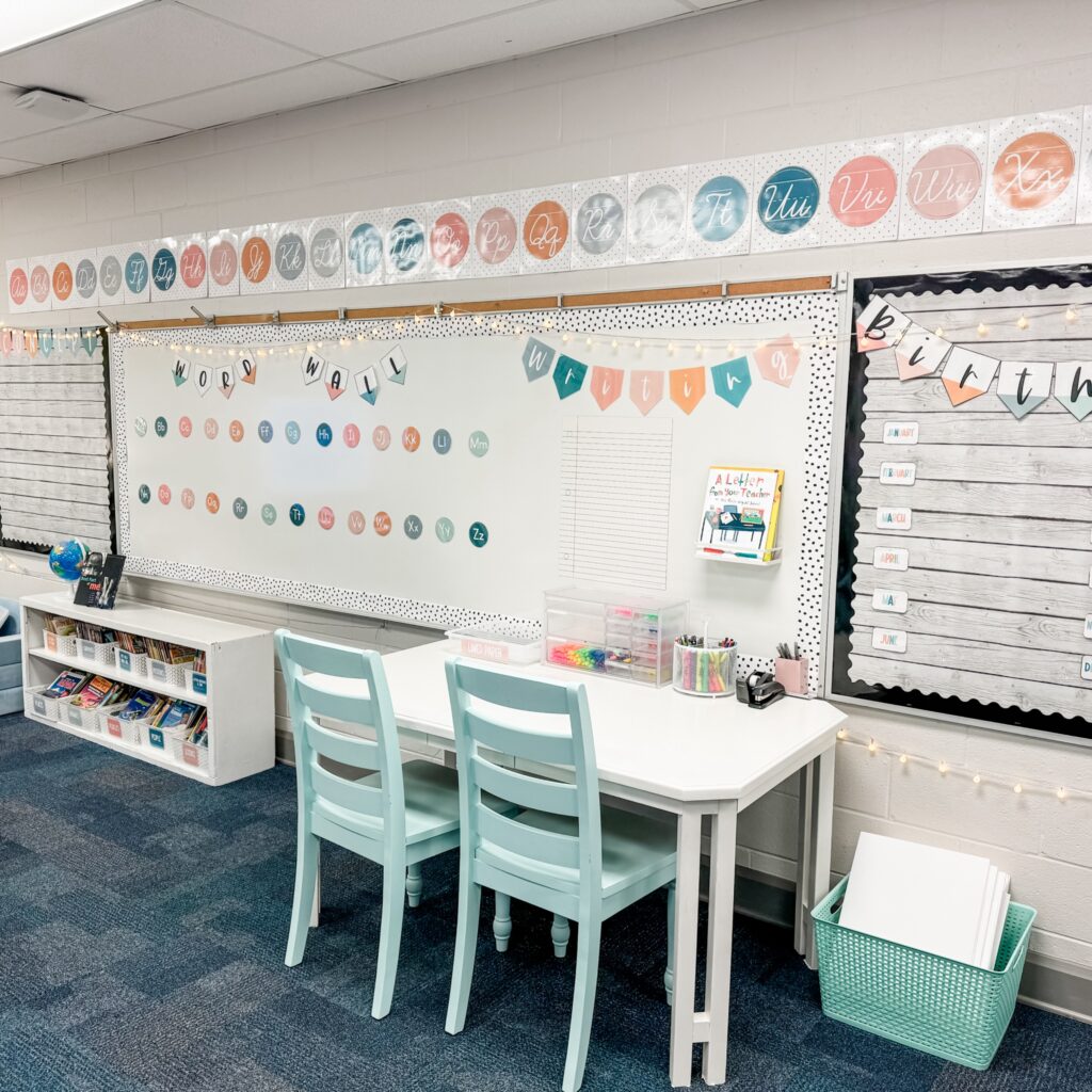 This image shows cursive alphabet posters in the Modern Calm Colors theme.