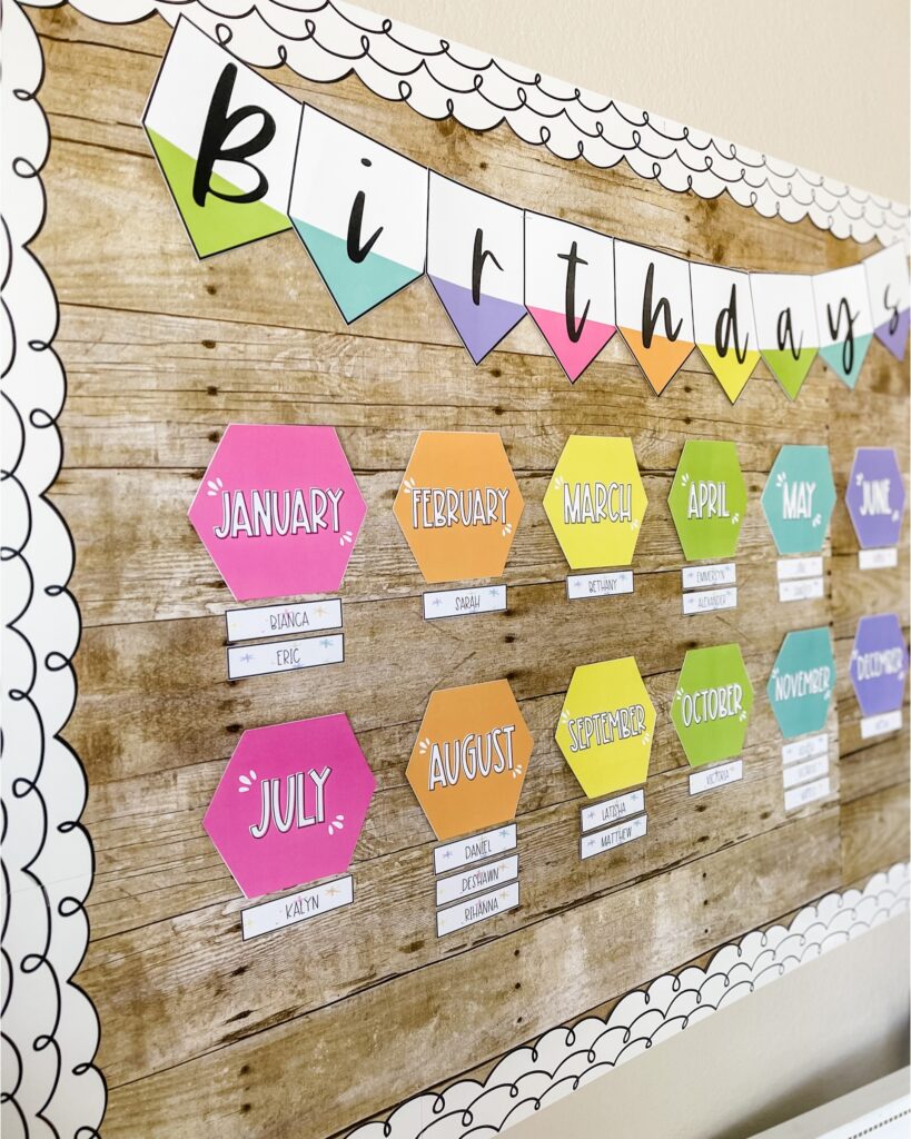 This image has a bulletin board for classroom birthdays in bright colors such as rainbow colors.