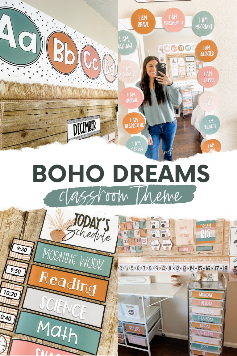 This image shows four pictures of a boho neutral classroom theme setup.
