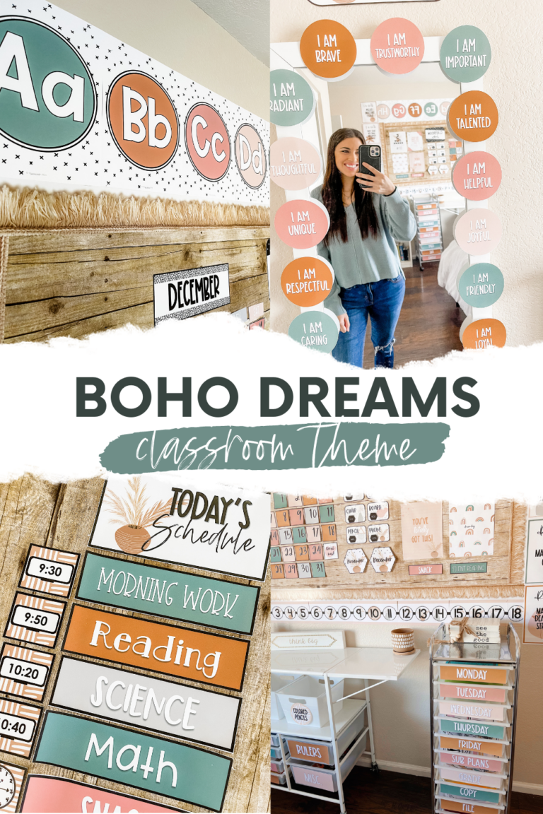 This image shows a picture of a 4 images of a boho classroom with colors of teal, tans, and burnt orange and shows the alphabet, an affirmation station, schedule cards, and a picture of a bulletin board with a 10 drawer cart in front of it.