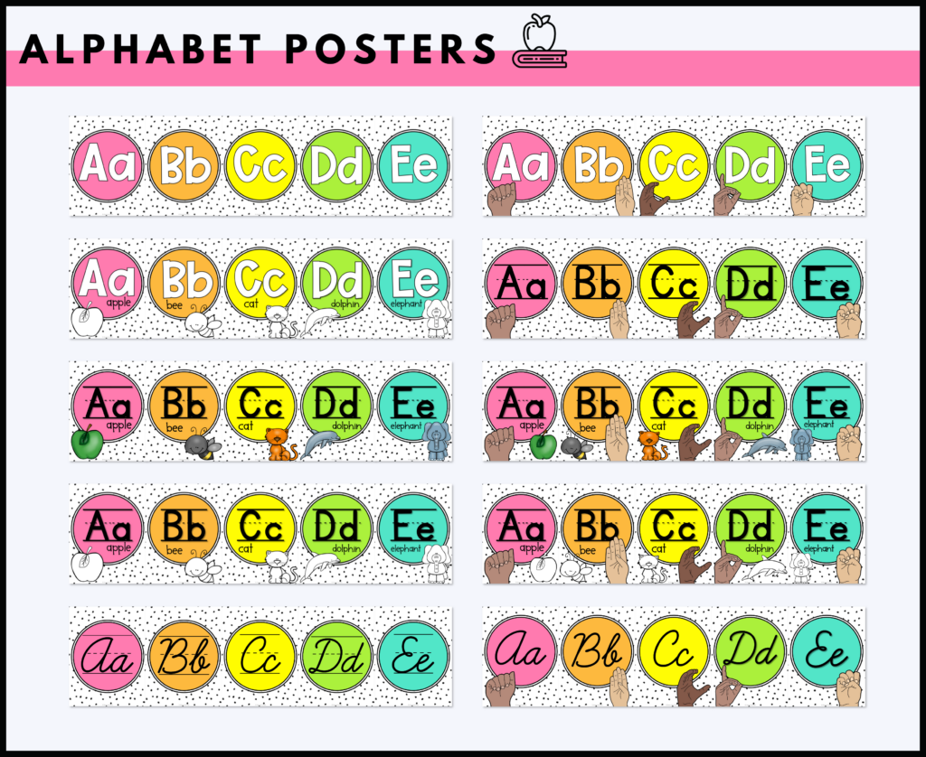 This picture shows many colorful and bright alphabet with pictures for a primary classroom.