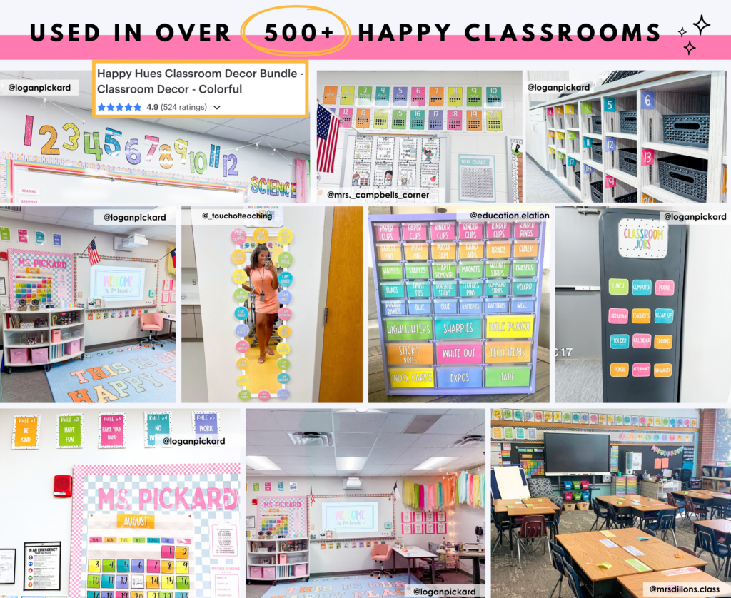 This image shows a bunch of classrooms using the bright happy hues classroom theme with different posters and labels.