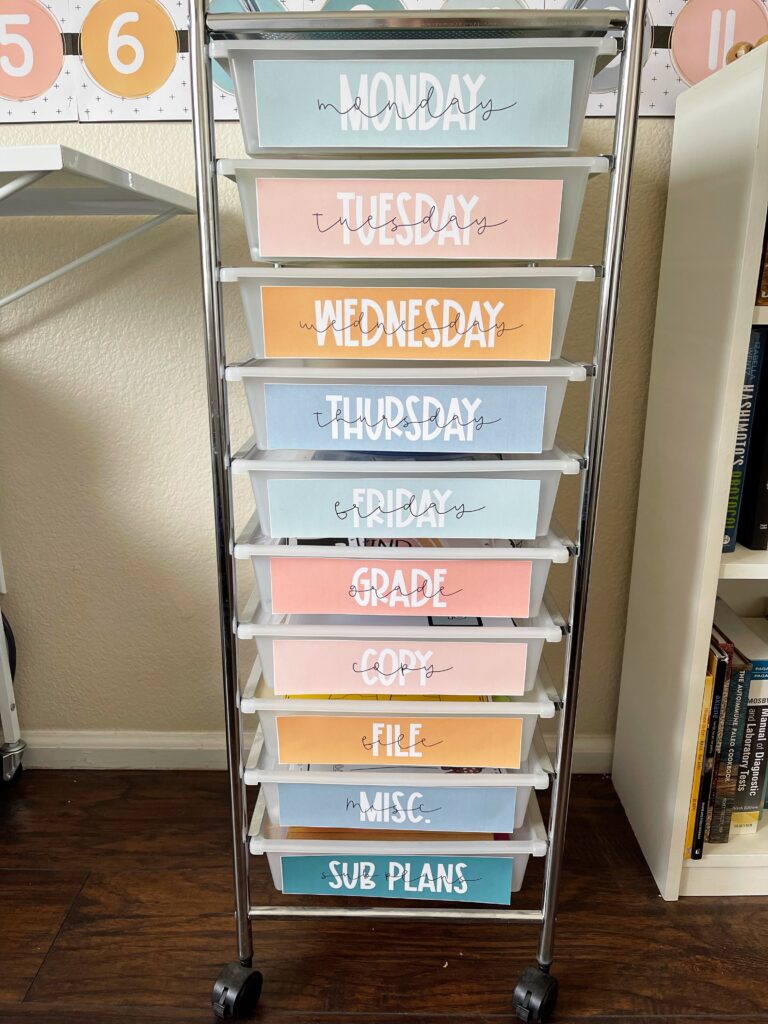This image shows a 10 drawer cart with calm color labels that read, "Monday, Tuesday, Wednesday, Thursday, Friday, Grade, Copy, File, Misc, and Sub Plans"
