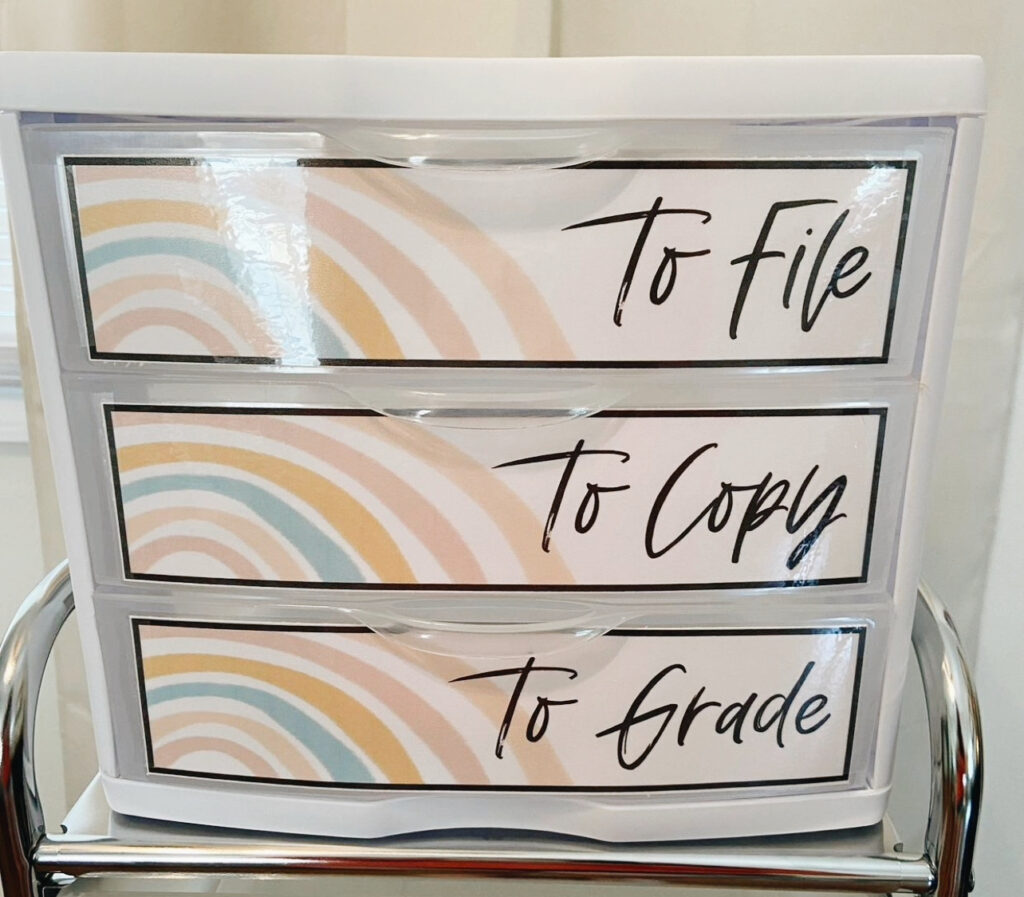 This image shows a sterelite 3 drawer container with boho rainbow theme labels that read "To File," "To Copy," and "To Grade"