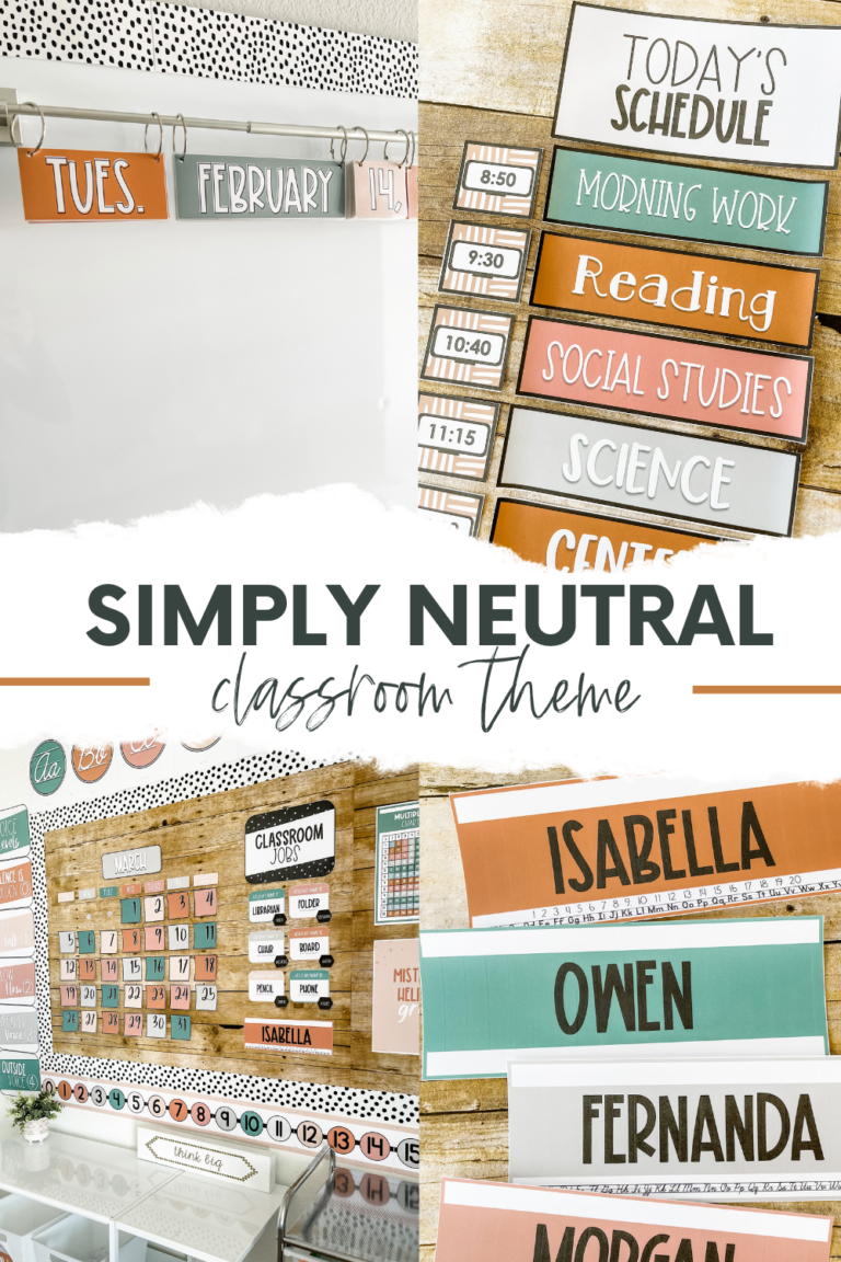 This image shows a neutral classroom flip calendar, schedule cards, nametags, and a neutral classroom theme bulletin board.