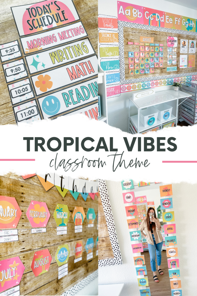 This image shows four different displays of a classroom with the tropical vibes classroom theme. There is a classroom schedule showing subjects and times, a birthday display with months and student names, an mirror with affirmations around it and a larger shot of a bulletin board with a calendar, alphabet posters, number lines, and more! Everything in this classroom theme is bright, beachy, and vibrant. The words on the image say "Tropical Vibes Classroom Theme".
