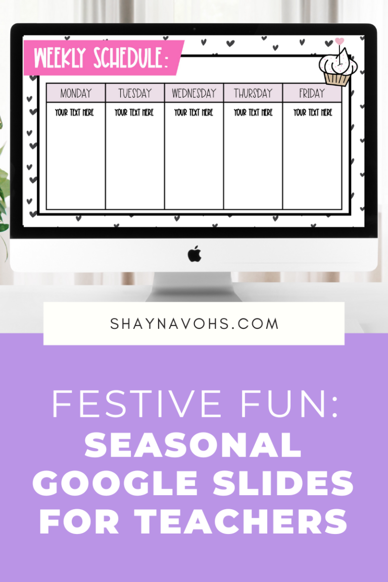 This image shows a Google Slide template with a valentine's themed background. The text at the bottom of the image reads "Festive Fun: Seasonal Google Slides for Teachers".