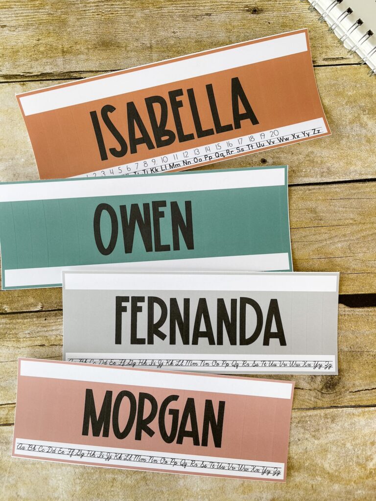 This image shows simply neutral themed nametags for students in a classroom. 