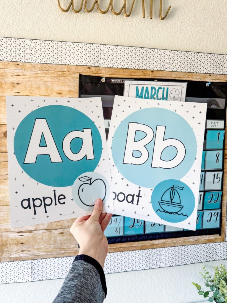 This image shows alphabet posters with the letter, the name of a word with the letter sound, and an image of that word.
