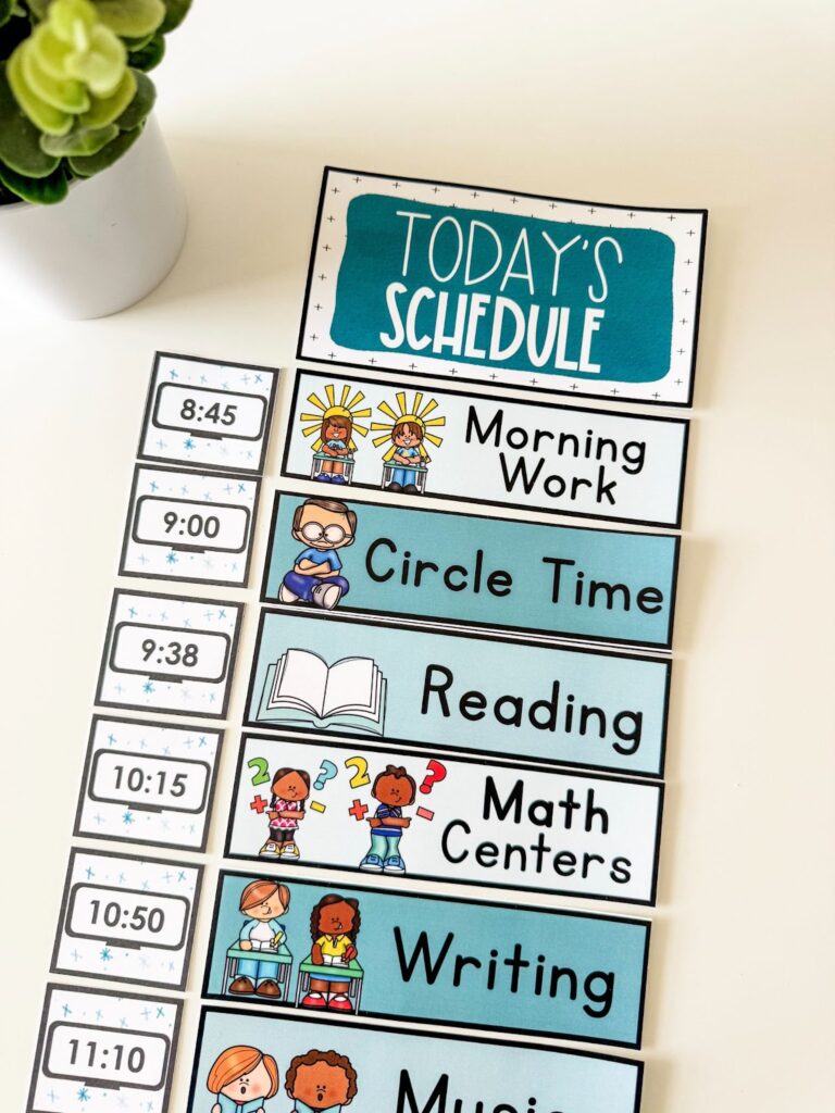 This image shows visual schedule cards in a primary theme. Each card has a picture next to it showing the subject or activity. 