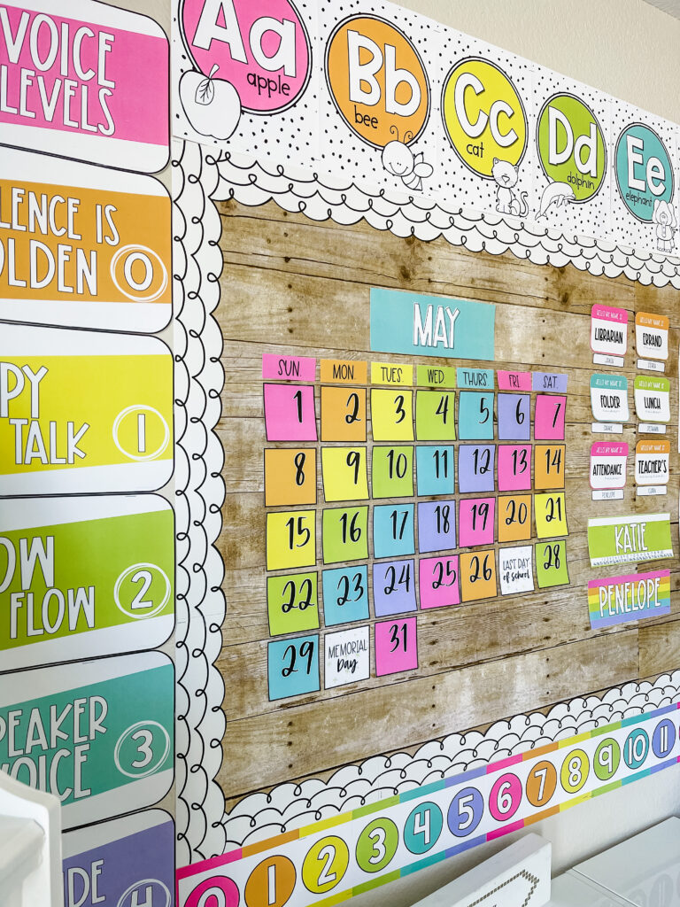 This image shows a front of a classroom decorated with happy hues classroom decor.