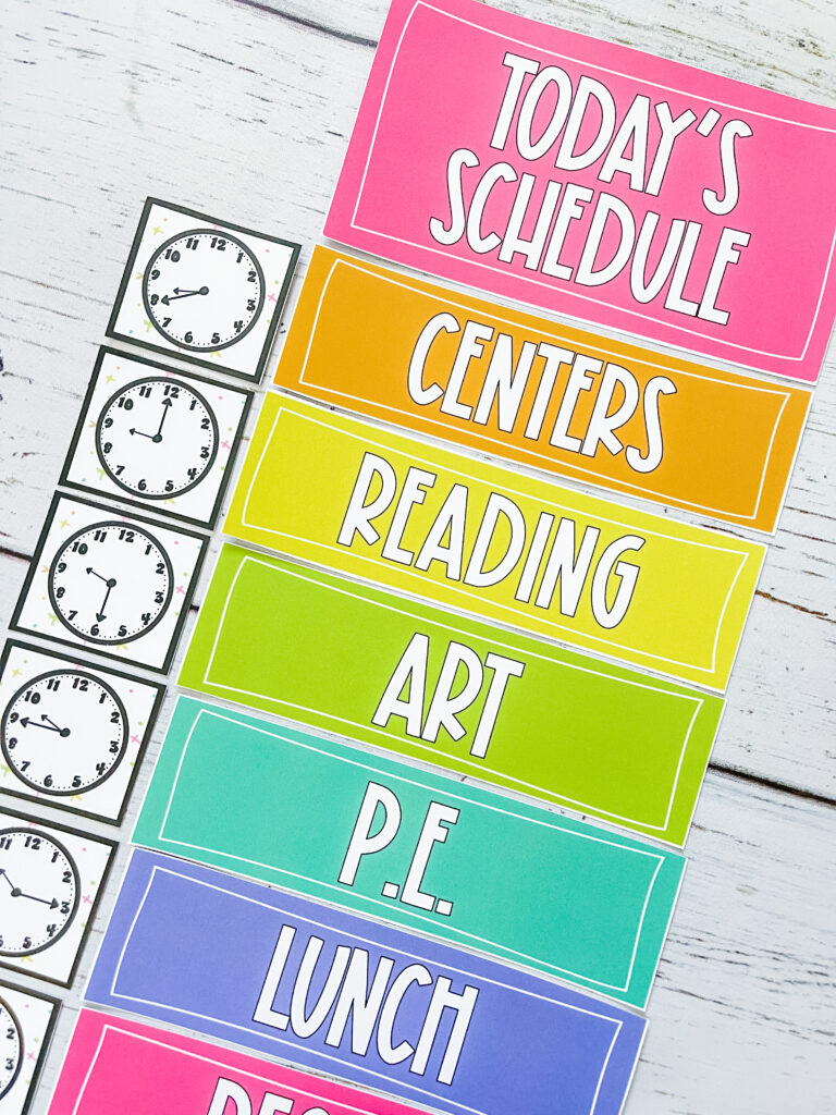 This image shows schedule cards with clocks next to each subject card. The cards are solid, bright colors.