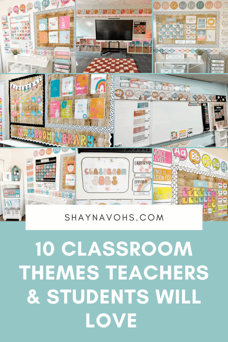 This image shows glimpses of different classrooms decorated with different decor packs. The text at the bottom of the image reads 10 Classroom Themes Teachers & Students will Love.