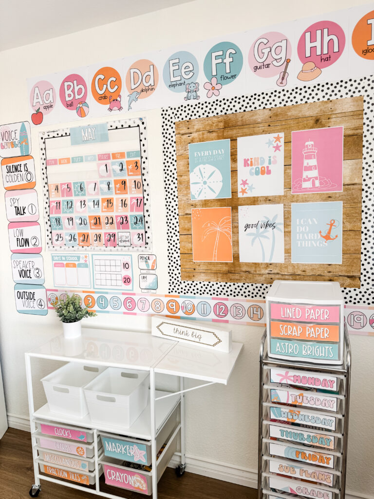 This image shows a classroom decorated with the coastal sunrise classroom decor bundle. 