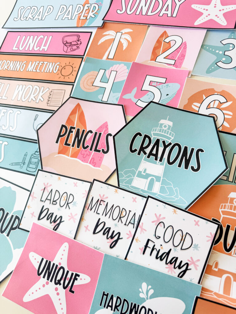 This image shows a bunch of editable labels included in the coastal sunrise bundle.