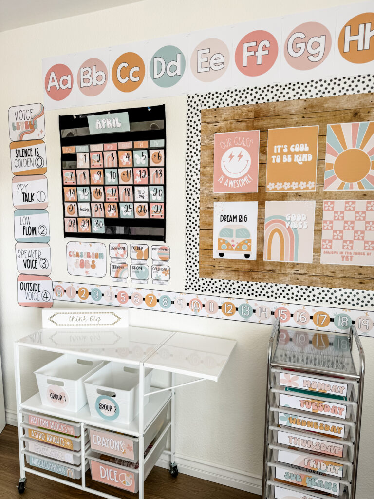 This image shows a classroom decorated with the pastel retro classroom decor theme.