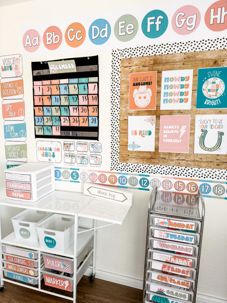 This image shows a classroom decorated with the retro rodeo classroom decor theme.