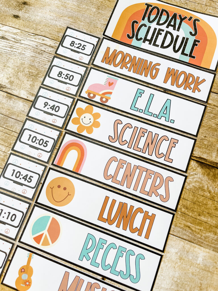 This image shows daily schedule cards decorated with retro clipart.