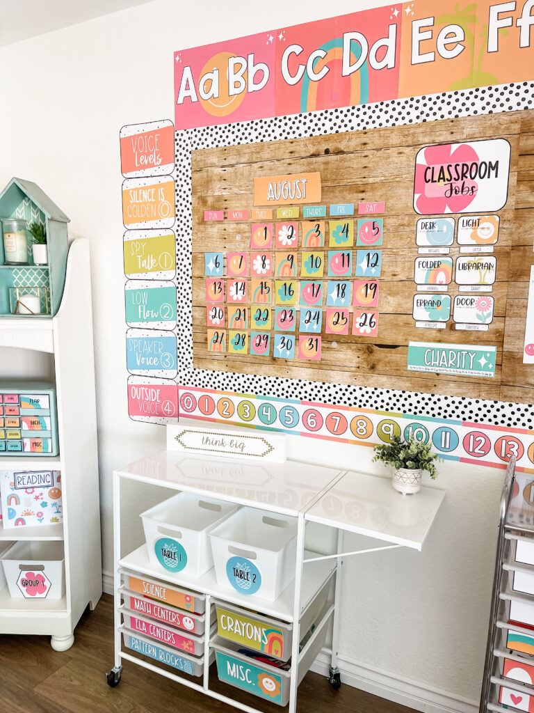 This image shows a classroom decorated with tropical vibes decor.