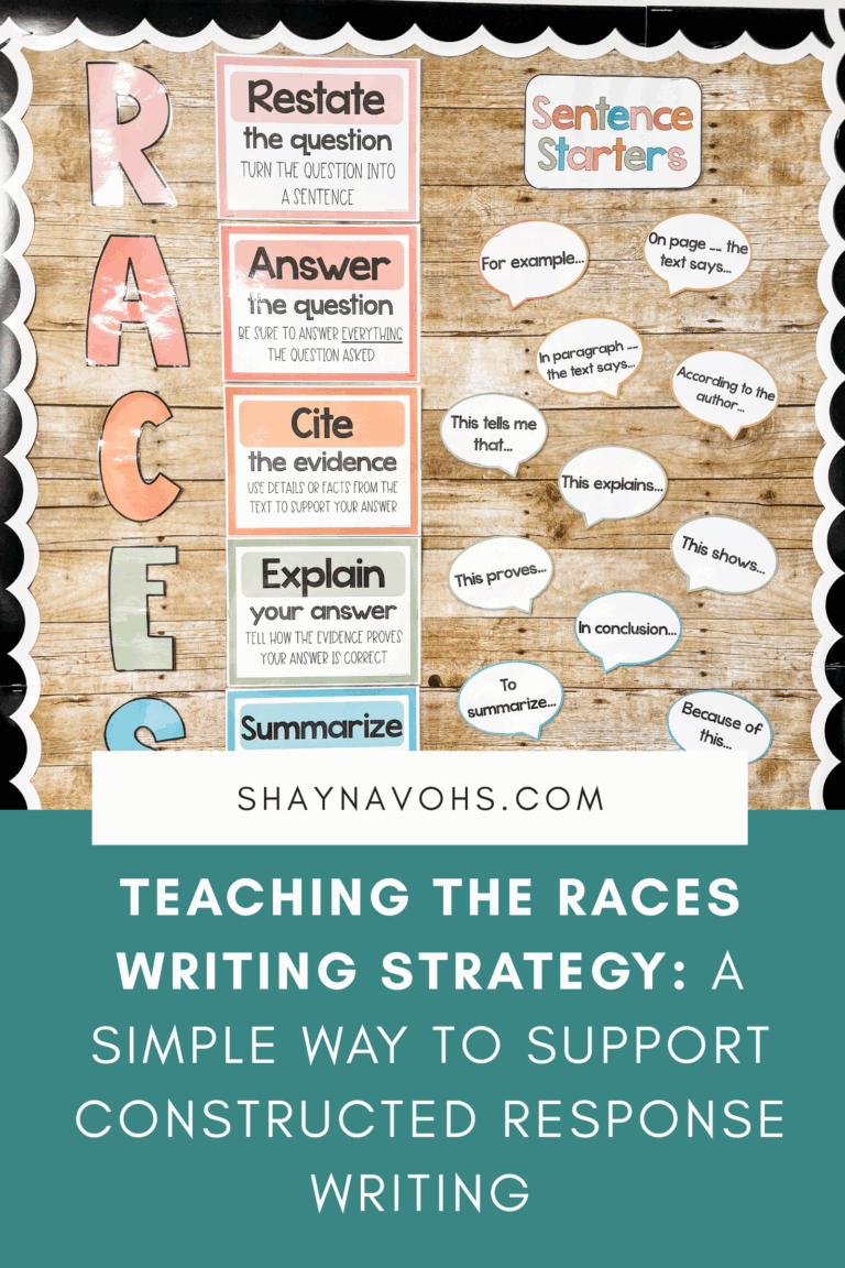 This image shows a writing display with the text on the bottom that reads Teaching the RACES Writing Strategy: A Simple Way to Support Constructed Response Writing.
