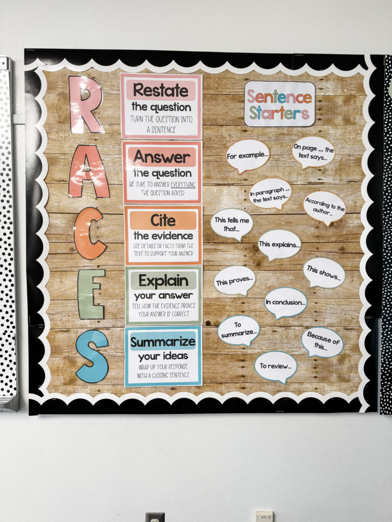 This image shows a RACES writing strategy display. The bulletin board kit includes posters that describe each step and sentence starters for the last three steps in the process.