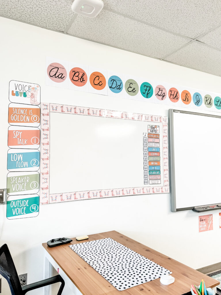 This image shows many classroom decor posters that have been hung without staples.
