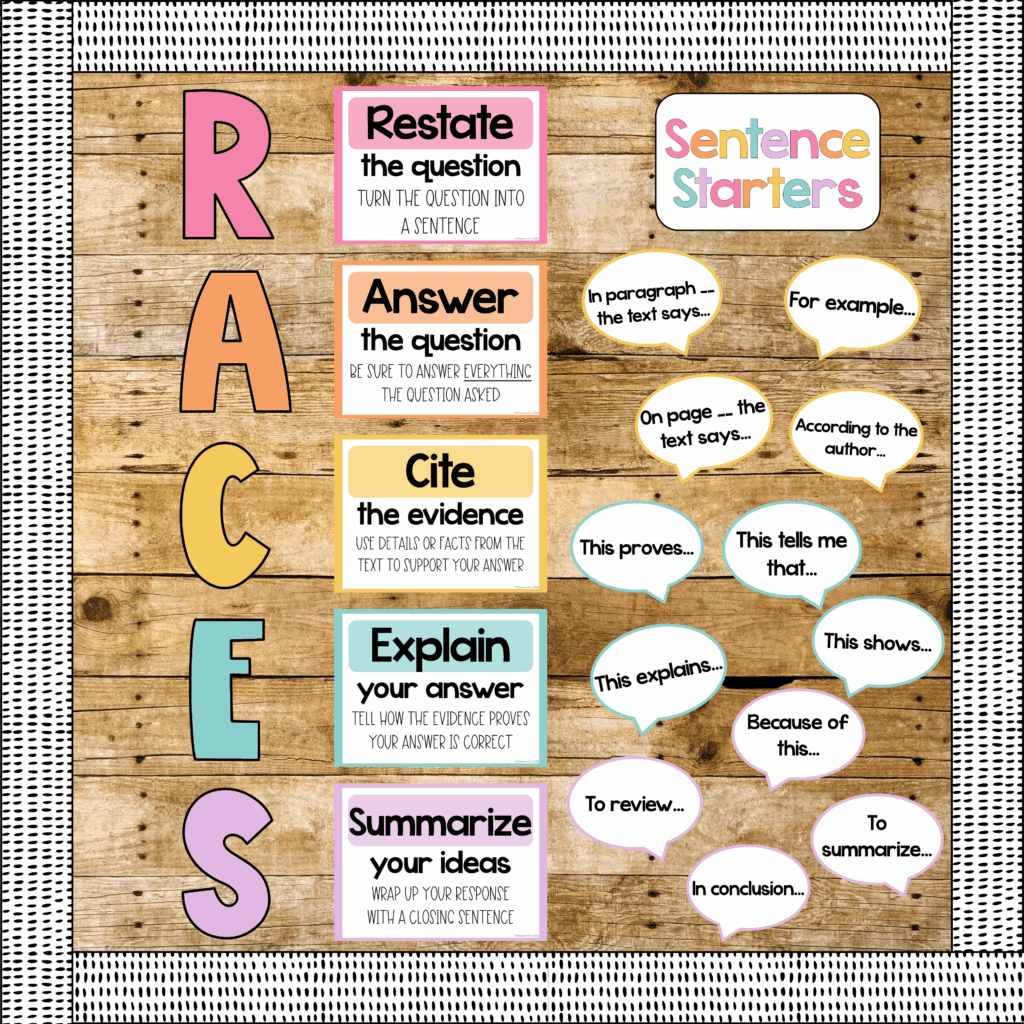 This image shows a RACES writing strategy display on a bulletin board.