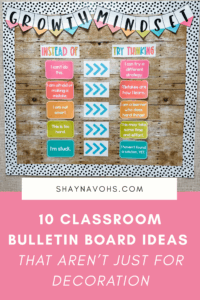 This image shows a growth mindset bulletin board in bright, cheerful colors. The text at the bottom of the image reads 10 Classroom Bulletin Board Ideas That Aren't Just for Decoration