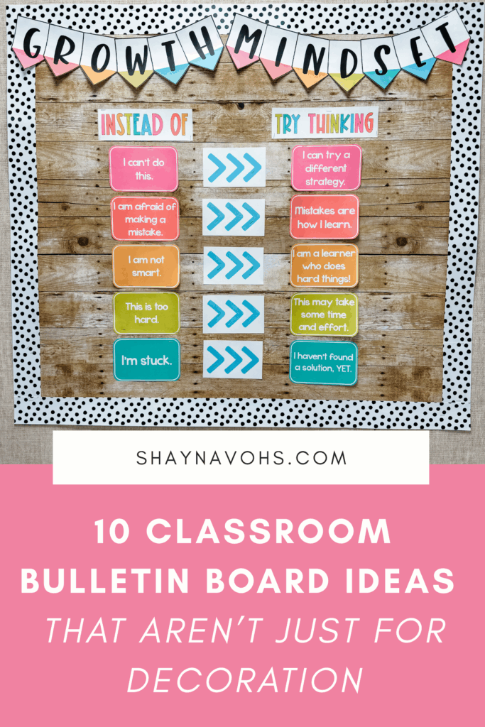 This image shows a growth mindset bulletin board in bright, cheerful colors. The text at the bottom of the image reads 10 Classroom Bulletin Board Ideas That Aren't Just for Decoration
