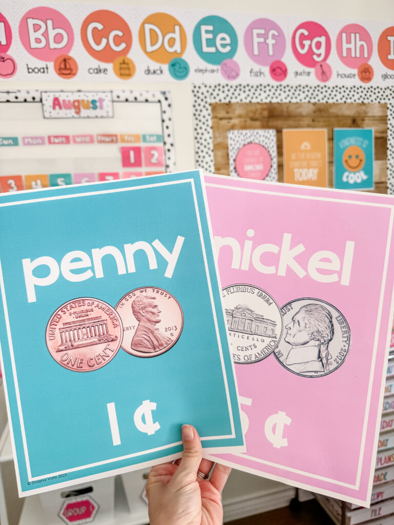 This image shows money posters displaying what a penny and a nickel look like and their value.