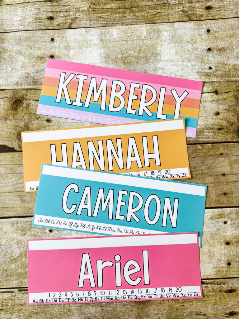 This image shows desk name plates in a hello, pastel theme with a variety of styles.