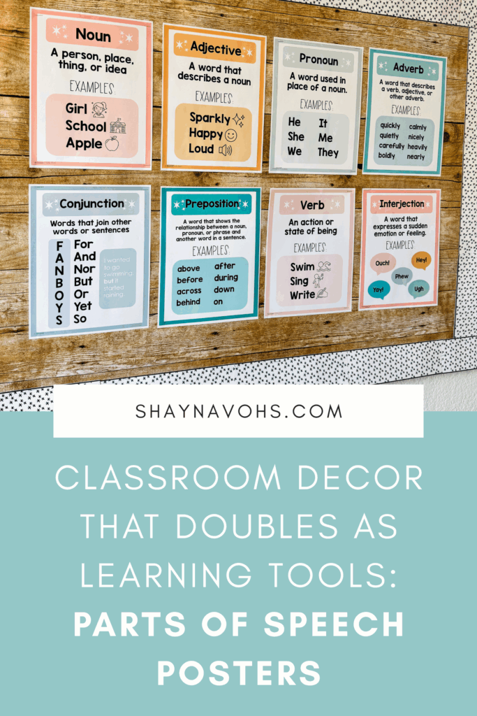 This image shows a bulletin board set up to help students learn parts of speech. The text at the bottom of the screen says Classroom Decor that doubles as learning tools: Parts of Speech Posters