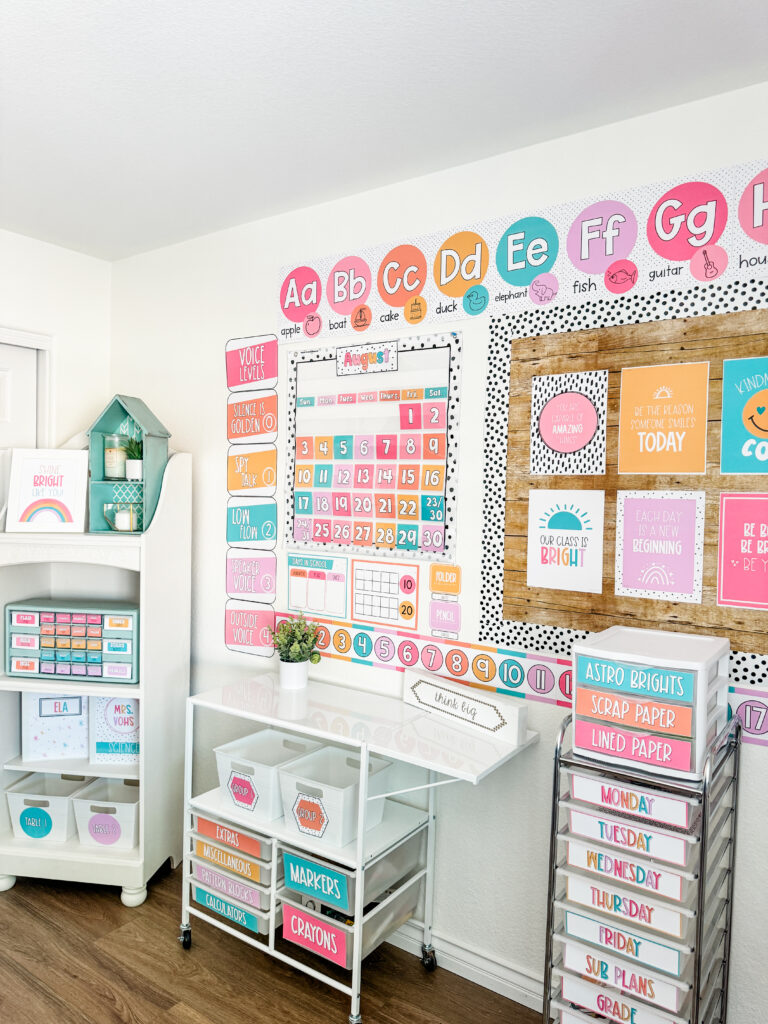This image shows a corner of a classroom decorated with the hello, pastel decor theme.