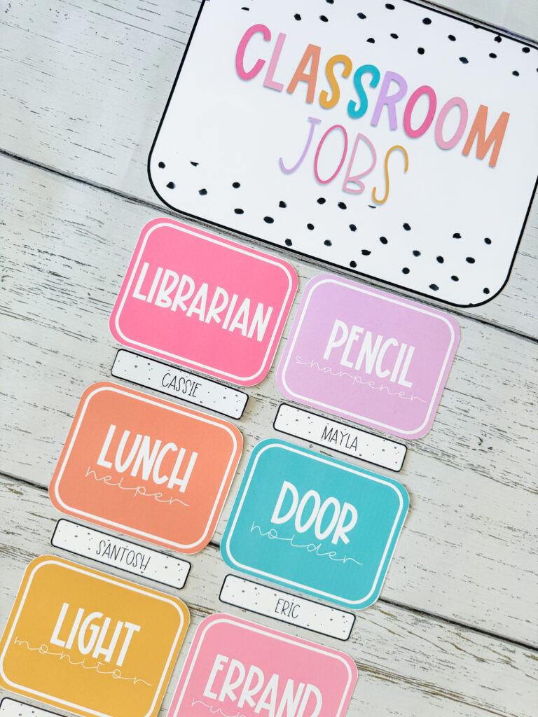 This image shows an upper level classroom jobs display that lists the job name and the student name underneath.