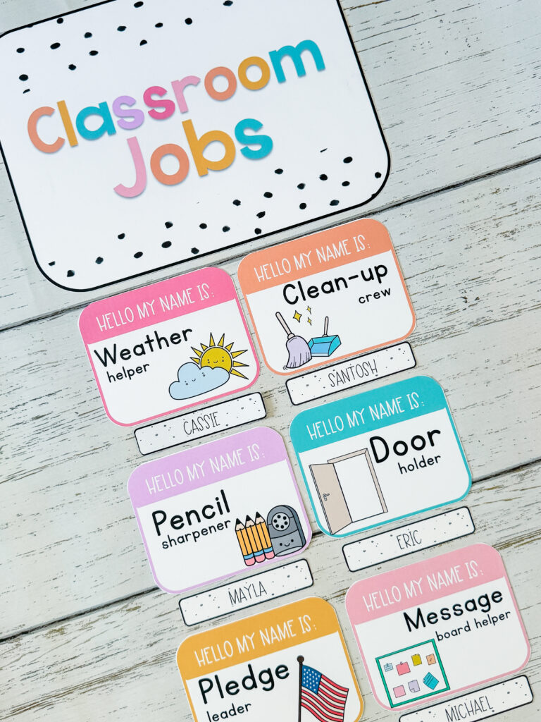This image shows a primary version of a classroom jobs display. Each job card has a picture showing what the job is.