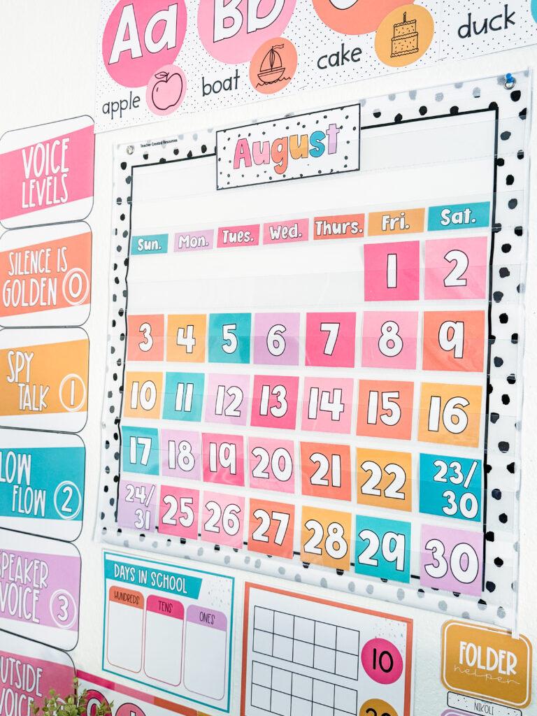 This image shows a bright calendar created to go along with the hello, pastel classroom theme.