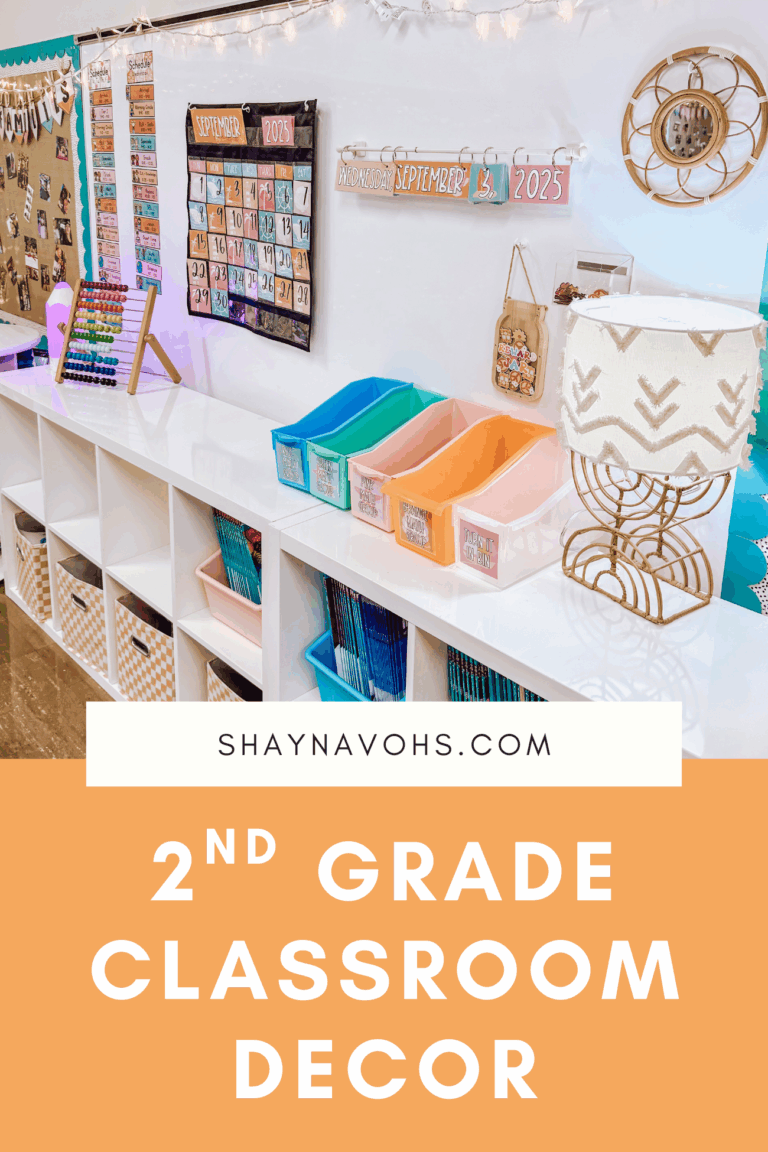 This image shows a 2nd grade classroom setup with low shelves and lots of organizational storage. The text at the bottom of the image reads 2nd Grade Classroom Decor.