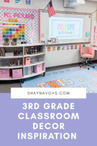 This image shows the front of a classroom decked out in bright, cheerful colors. The text at the bottom of the image reads 3rd Grade Classroom Decor Inspiration