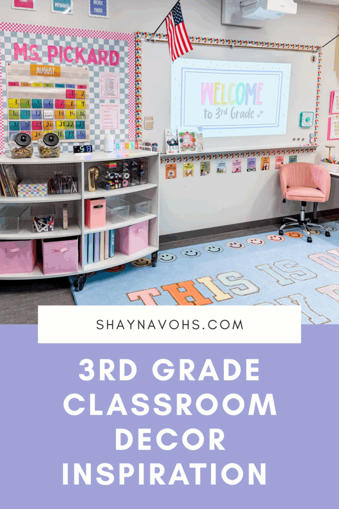 This image shows the front of a classroom decked out in bright, cheerful colors. The text at the bottom of the image reads 3rd Grade Classroom Decor Inspiration
