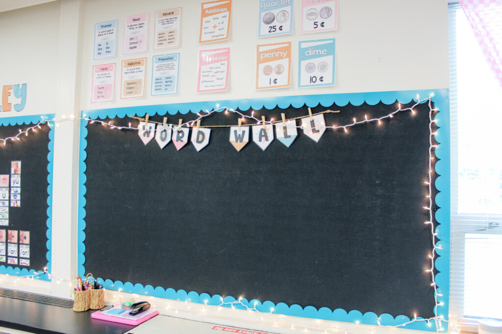 This image shows a word wall bulletin board with parts of speech, and some math resource posters hanging above it. 