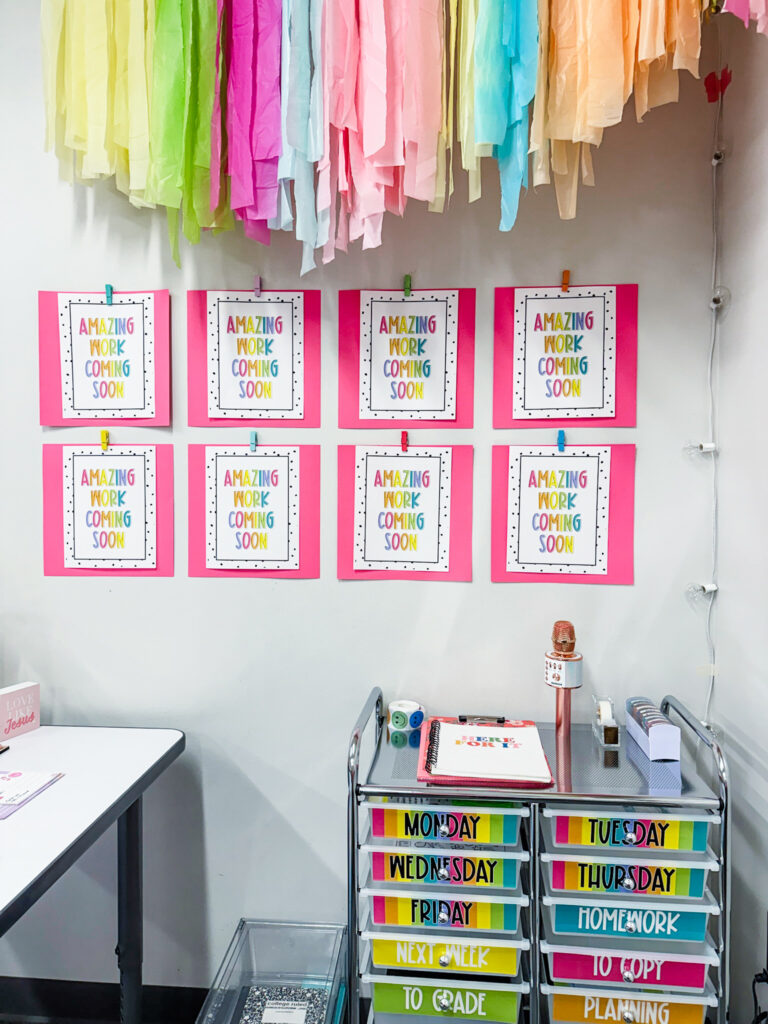 This image shows an Amazing Work Coming Soon display in a teacher corner of a classroom.
