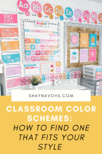 This image shows a classroom decorated in a pastel color scheme. The text at the bottom of the image reads Classroom Color Schemes: How to Find The One That Fits Your Style