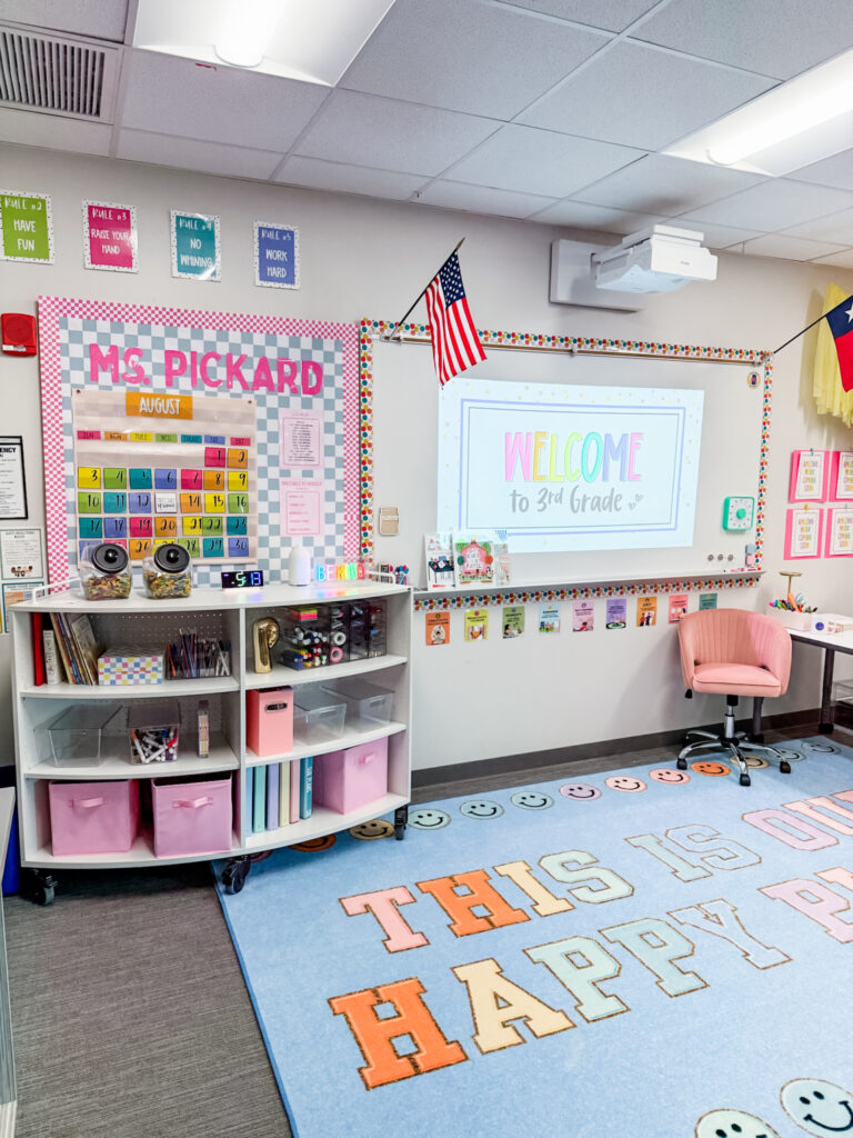 This image shows the front of a classroom decked out in bright, cheerful colors.