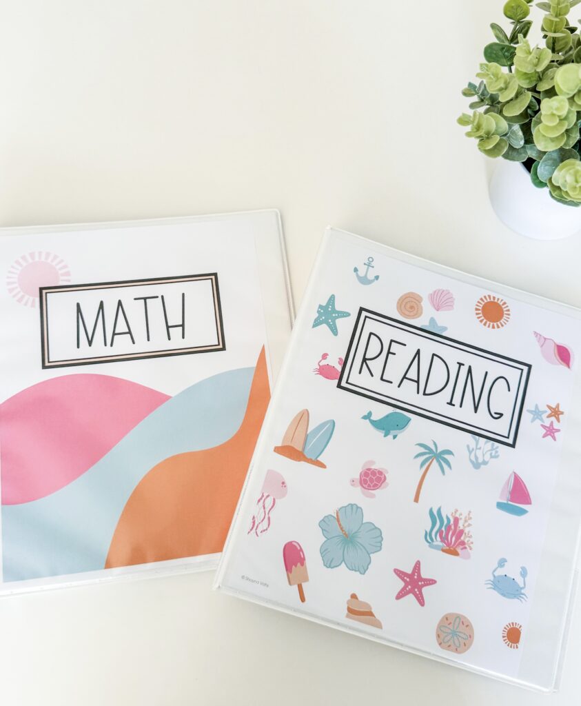 This image shows editable binder covers included in the coastal sunrise decor bundle.