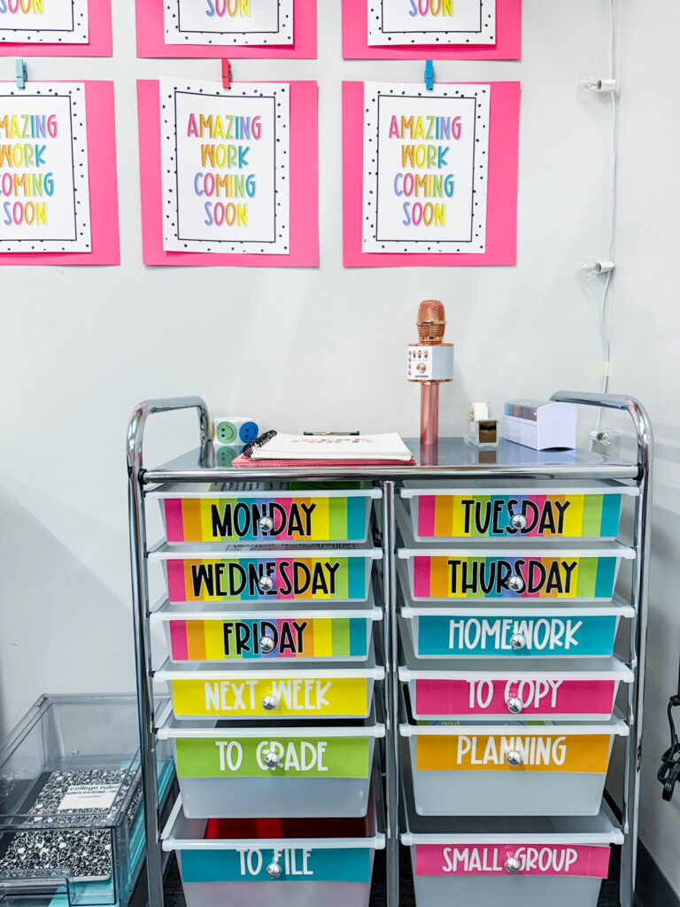 This image shows a rolling cart in a classroom with editable labels from the happy hues bundle.