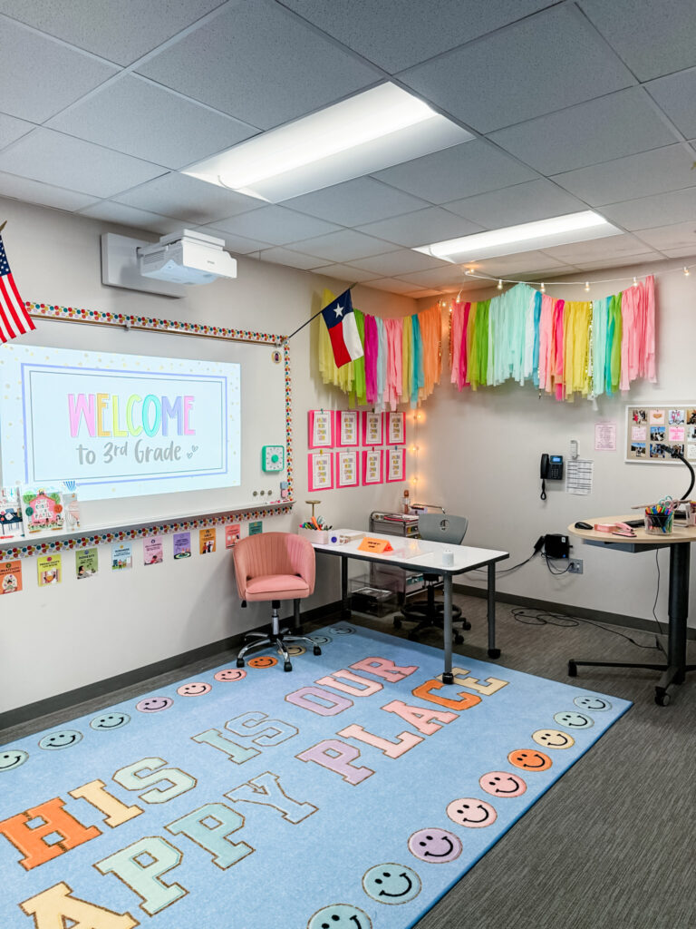 This image shows the area over a teacher desk in an elementary classroom. There are colorful streamers hanging from the ceiling and bright, colorful decorations in every corner of the space.
