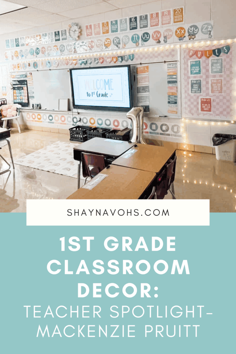 This image shows a cozy, welcoming classroom. The text at the bottom of the image reads 1st Grade Classroom Decor: Teacher Spotlight - Mackenzie Pruitt