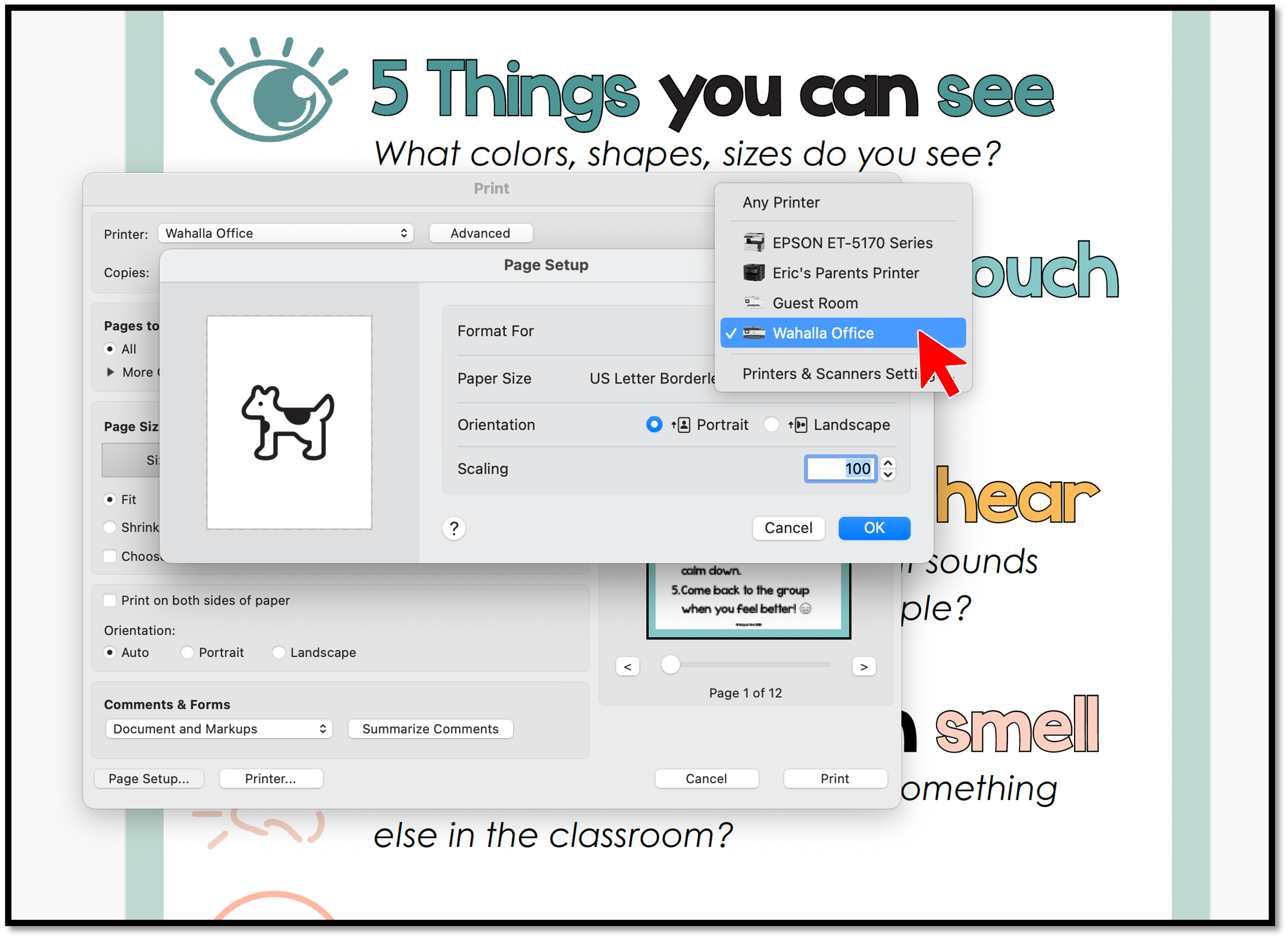 This image shows you how to choose the printer to send the poster to.