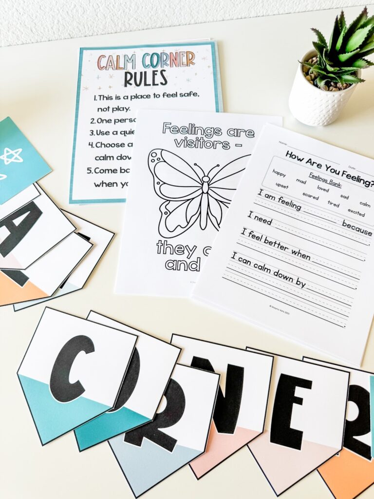 This image shows some pieces included in the calm down corner kit.